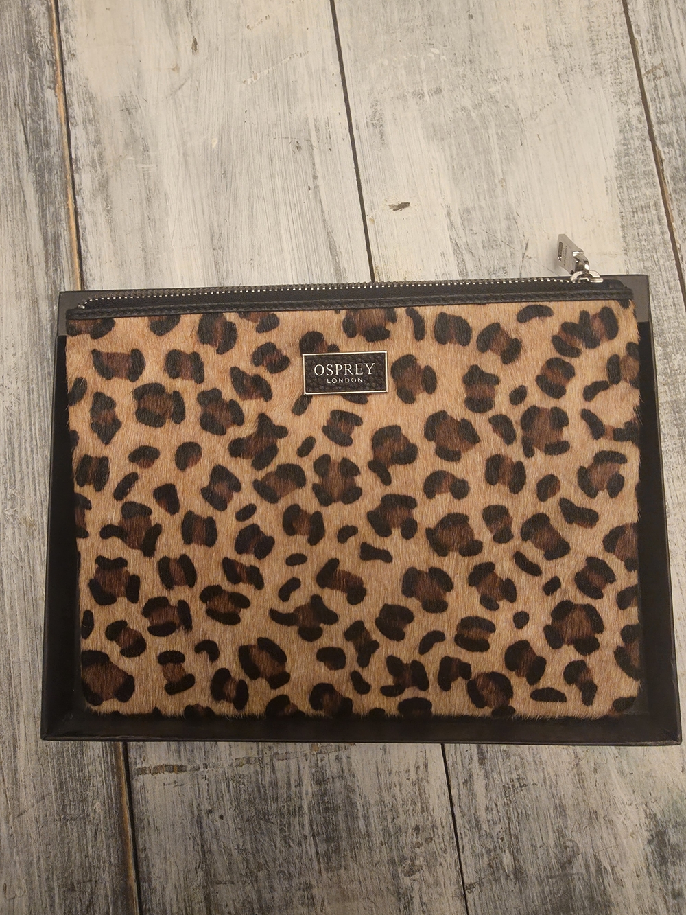 OSPREY London Olivia Leopard Print Cosmetic Leather Zipper Bag Brown/Black